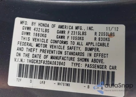2013 Honda Accord Ex-L из США, поврежденный, VIN 1HGCR2F82DA063940